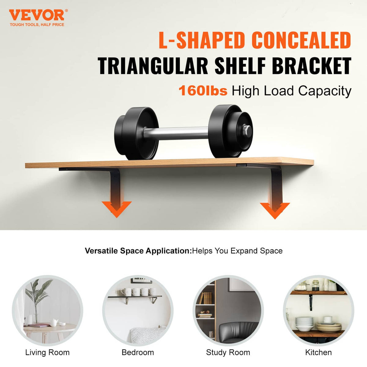 Triangular concealed L-shaped shelf bracket with black mounting hardware, set