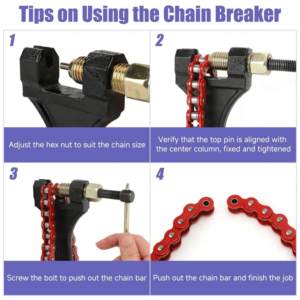 Chain-breaker tool for 420 chain with steps showing pin and link removal
