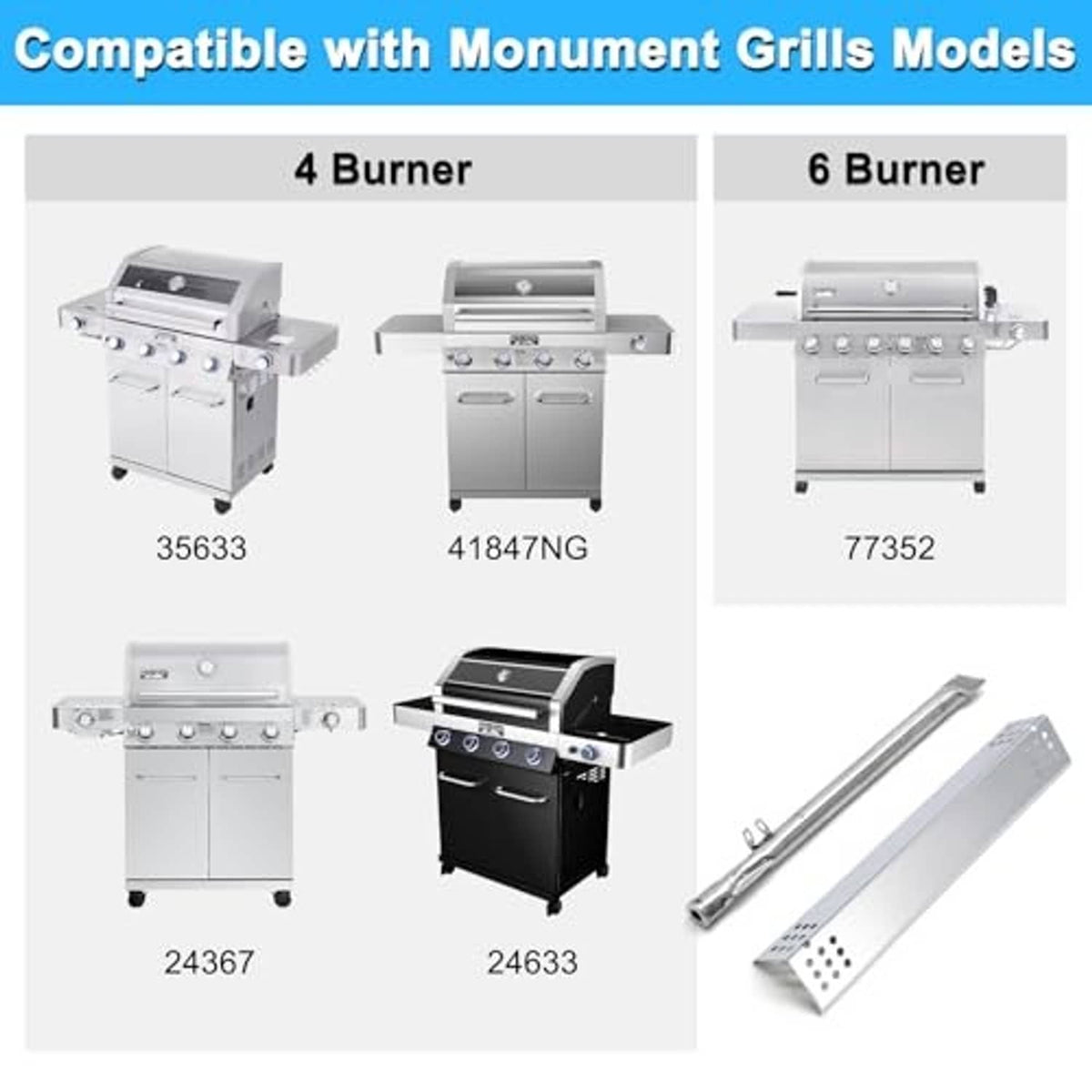 Grill burner bar and heat shield replacement parts set