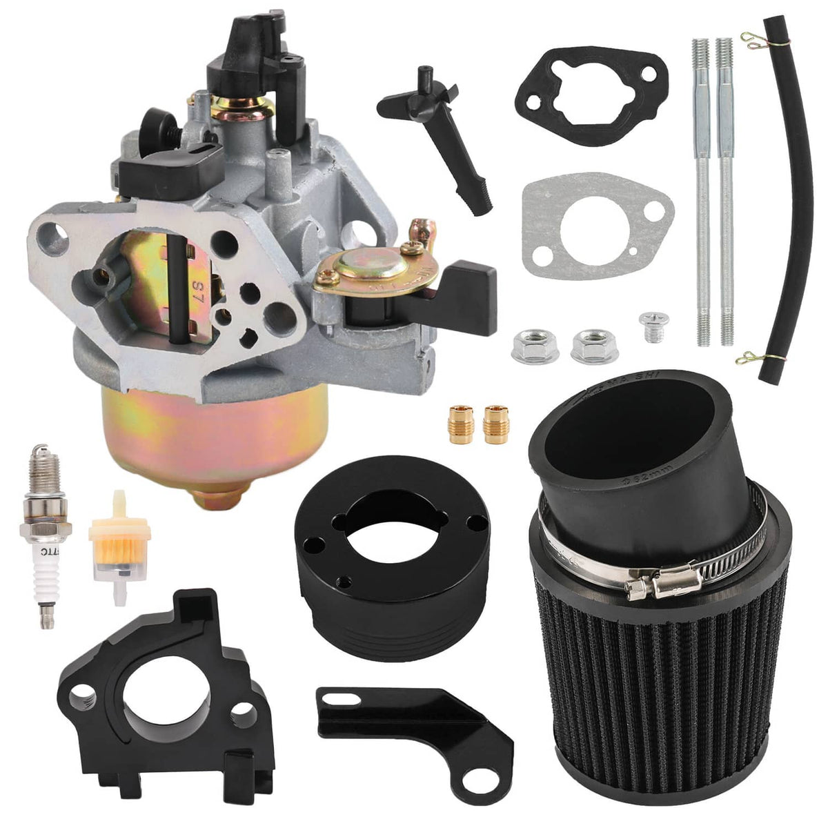 Air filter adapter jet kit exploded view with cone air filter, carburetor, and hardware