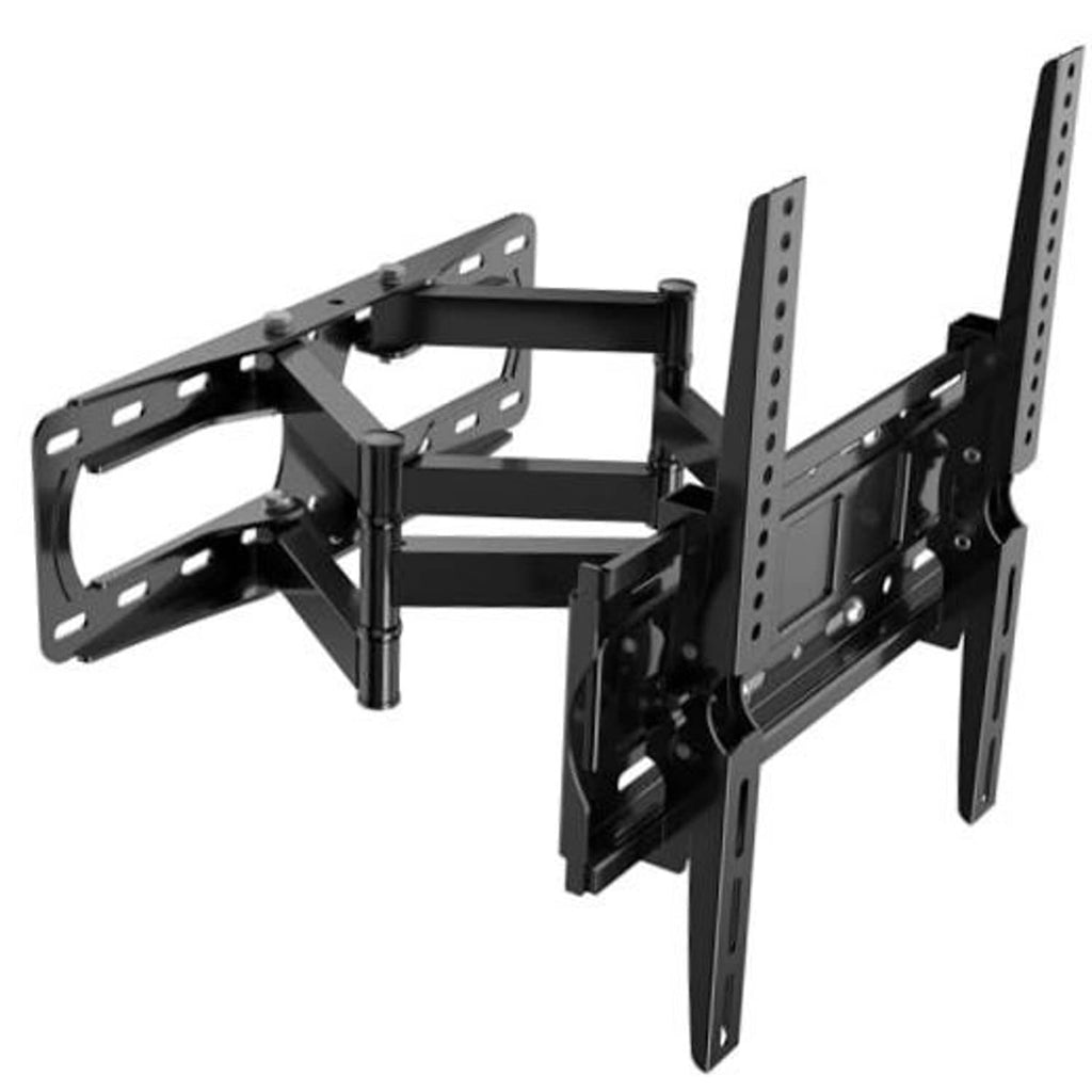 Black full-motion TV wall mount with L-shaped arms and two tilting brackets