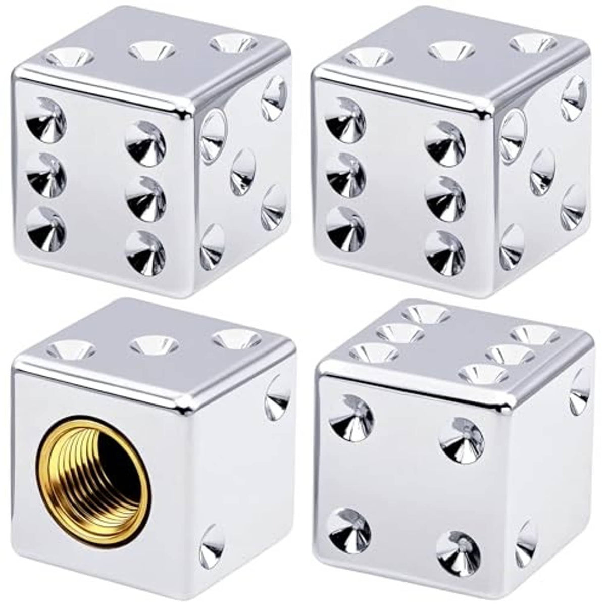 Silver chrome dice-shaped valve stem caps with gold threaded core, four-piece set