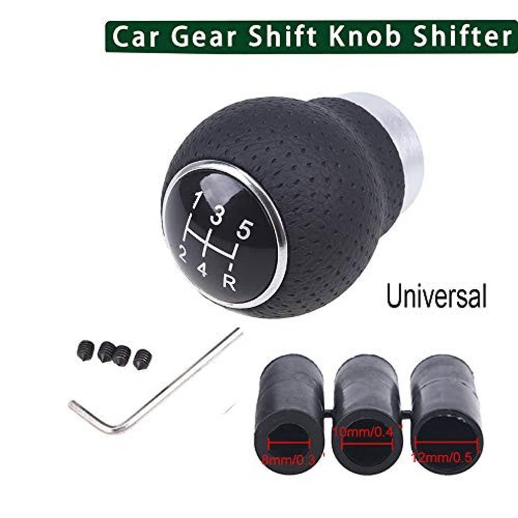 5-speed manual car gear shift knob, black textured leather with silver trim and shift pattern