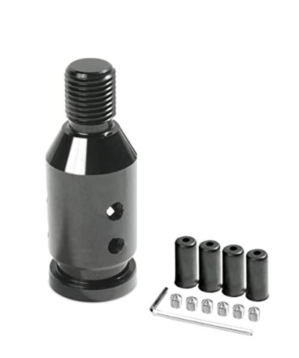 Black aluminum universal gear shift connector with four adapter sleeves and screws