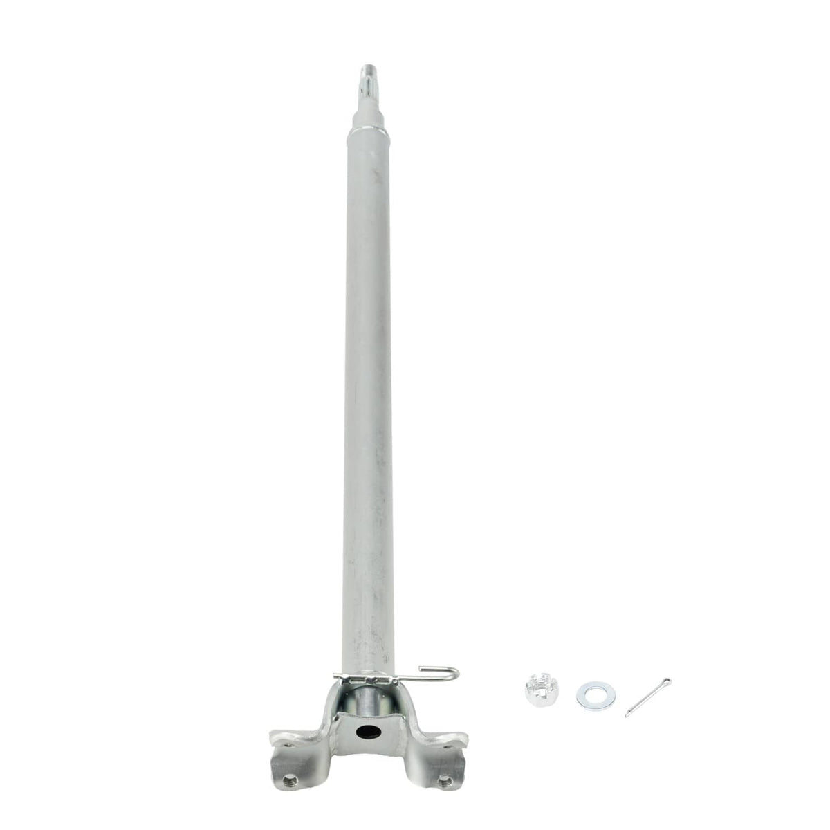 Steering stem shaft, silver metal tube with lower mount bracket and included bolts