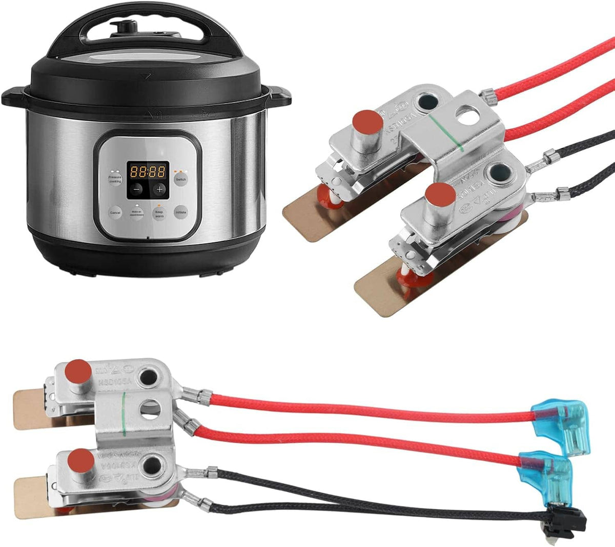 Pressure sensor replacement parts with stainless sensors, red wiring, and blue connectors