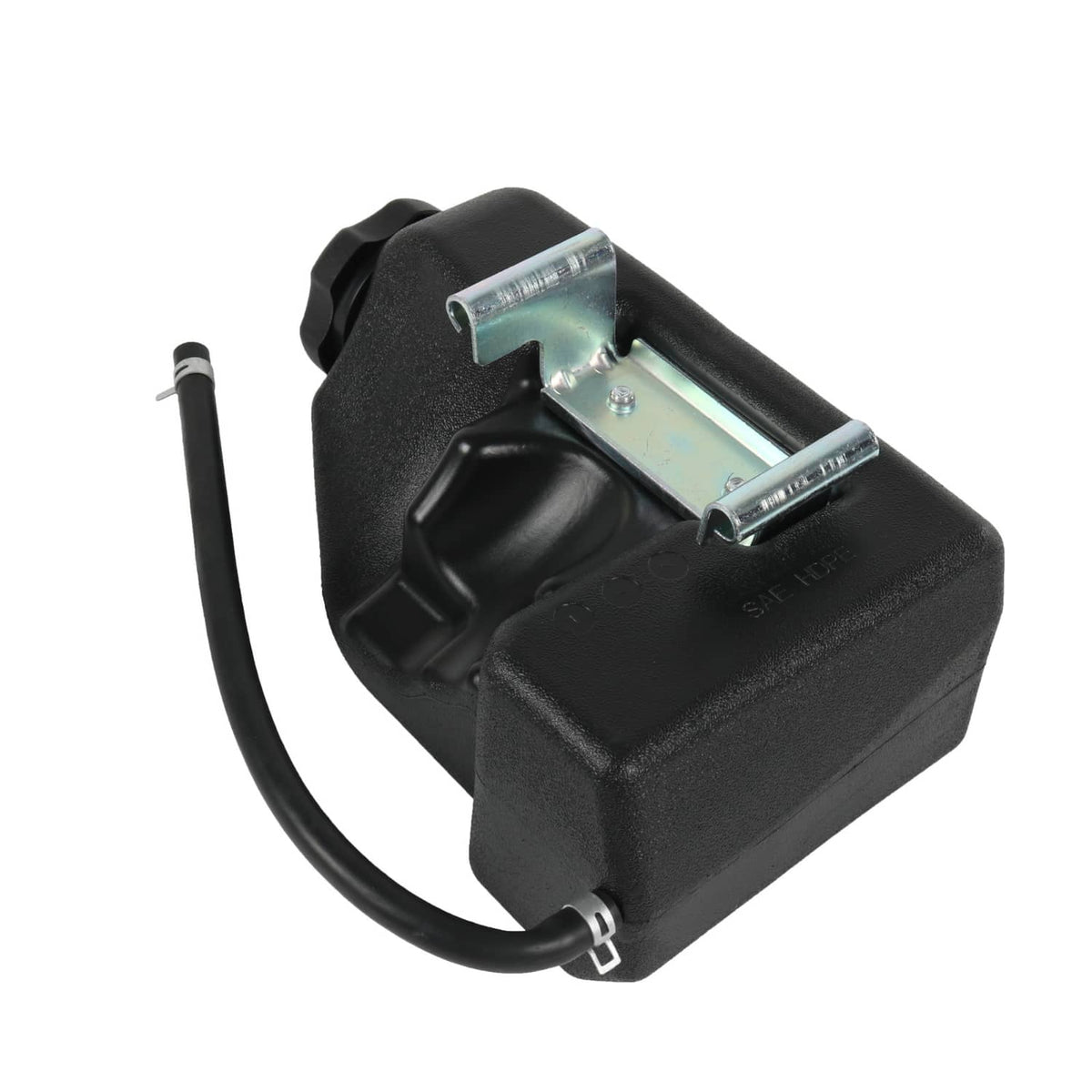 Black fuel tank with cap, metal strap bracket, and attached curved fuel line