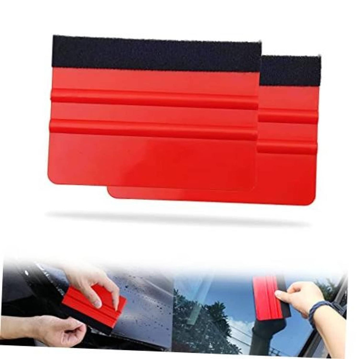 Red felt-edge squeegee tool with black foam backing, vinyl wrapping scraper set (2 pcs)
