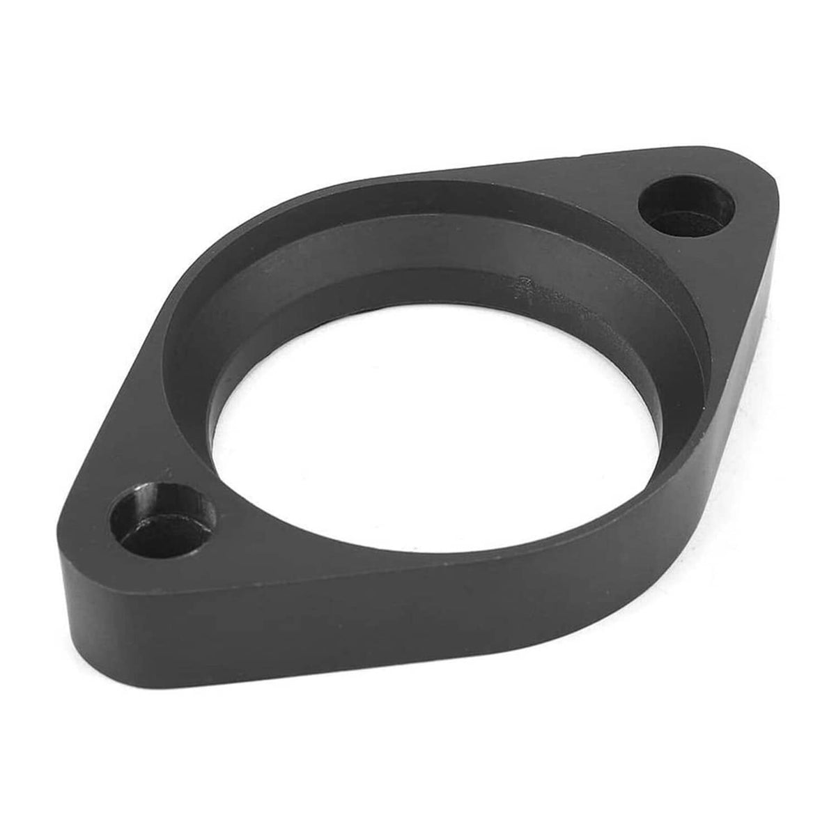 Black mounting flange for thermostat neck housing with circular gasket opening