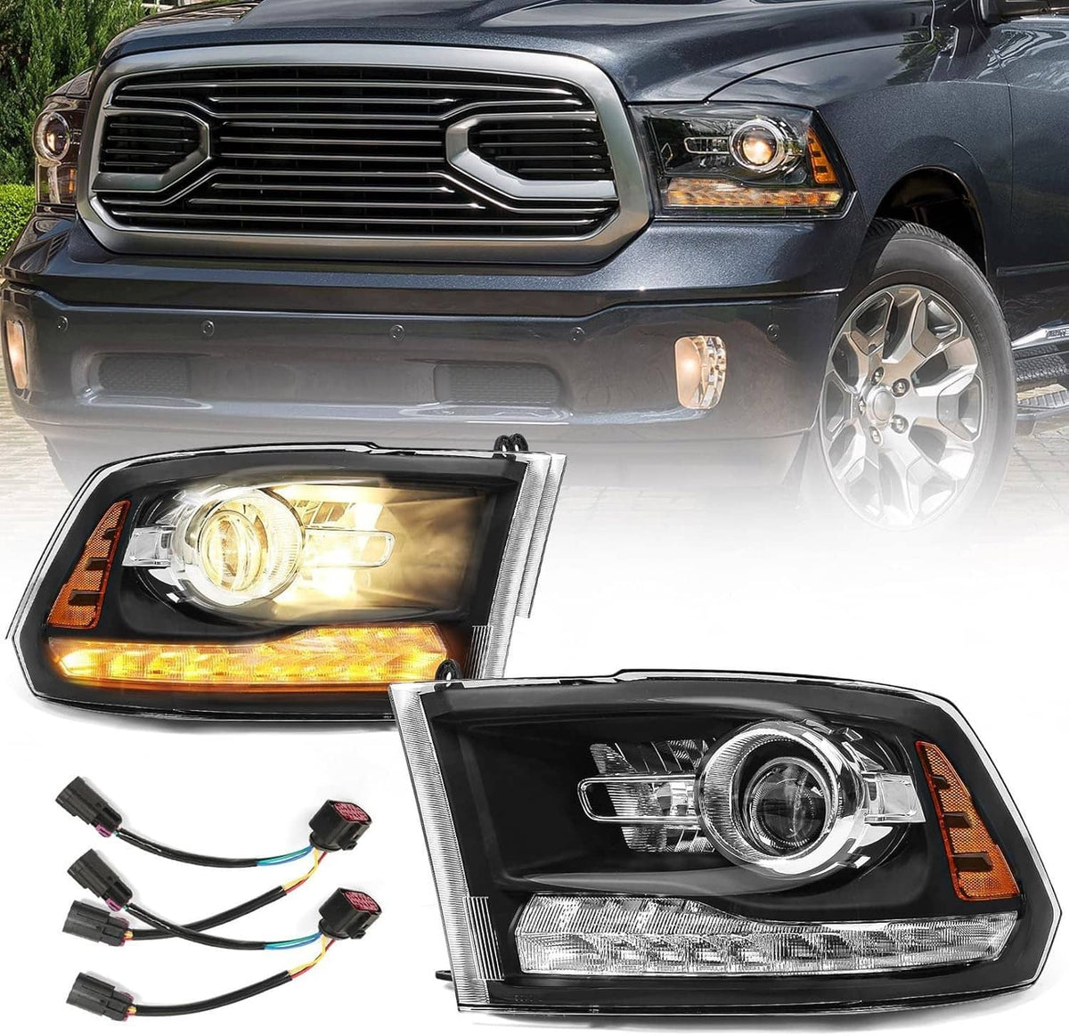 Black projector headlights with wiring harness, with amber DRL light strip glowing