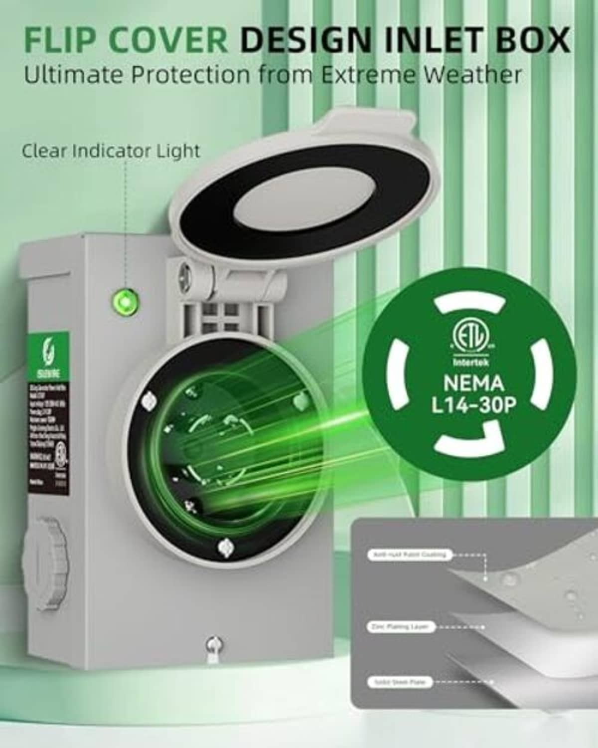 Gray power inlet box with black cover and green indicator light, NEMA L14-30P