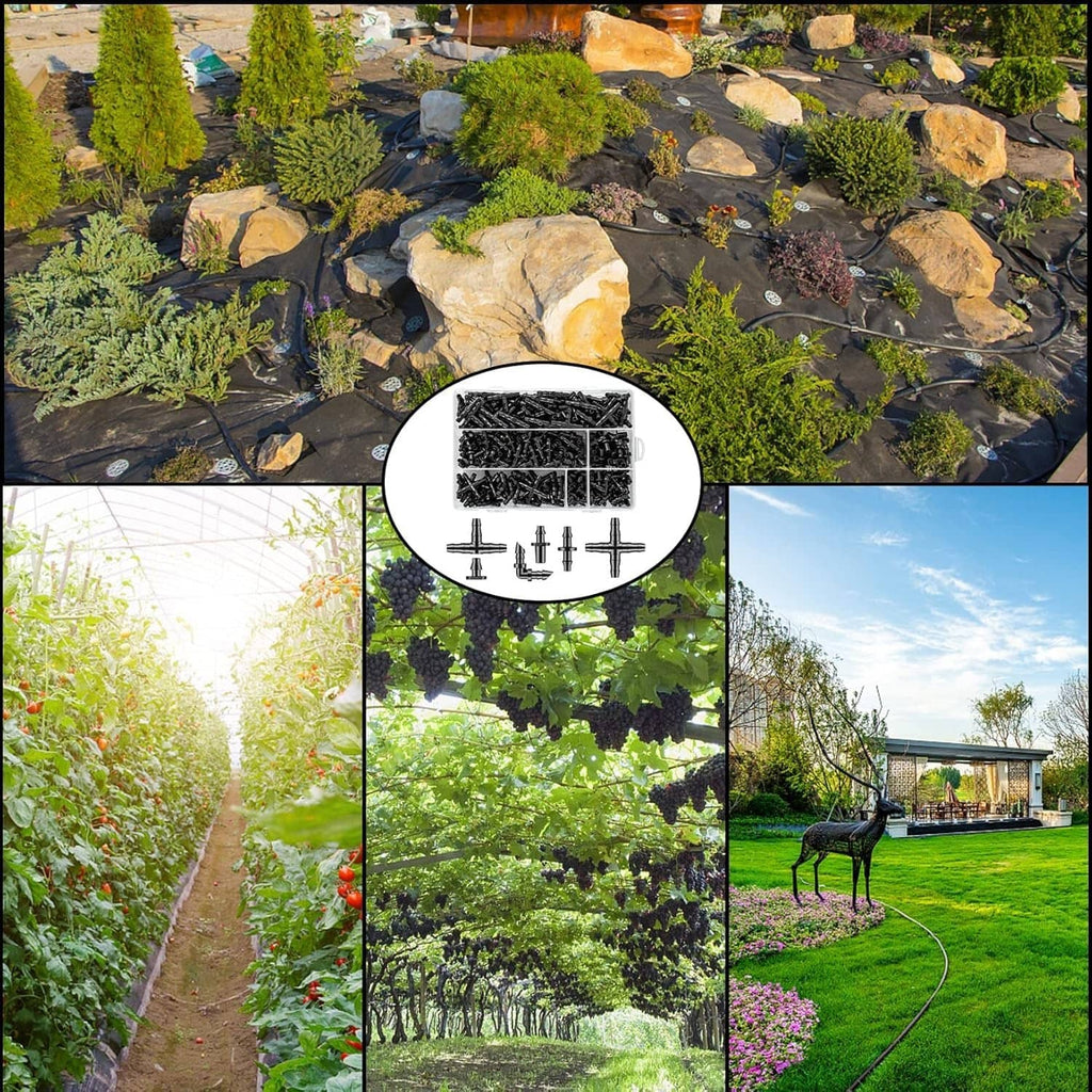 Drip irrigation tubing with black barbed connectors across a landscaped garden bed