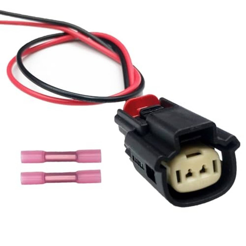 Fog light wiring harness plug with black connector, red/black wires, and two terminal sleeves