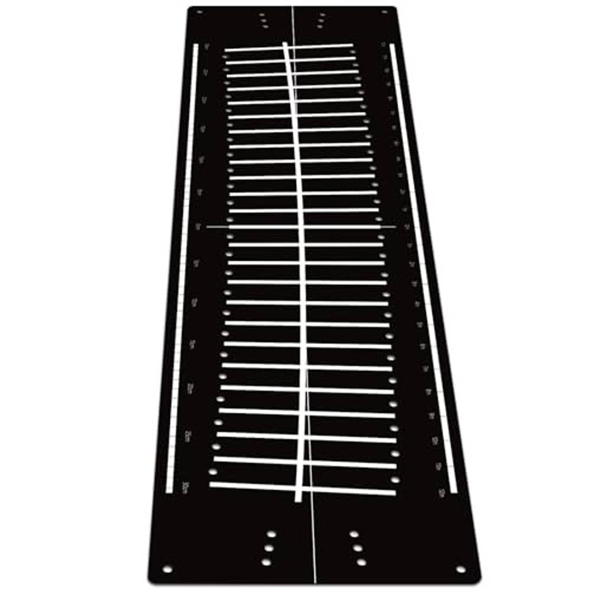 Black putting practice mat with white grid lines and a central guide stripe