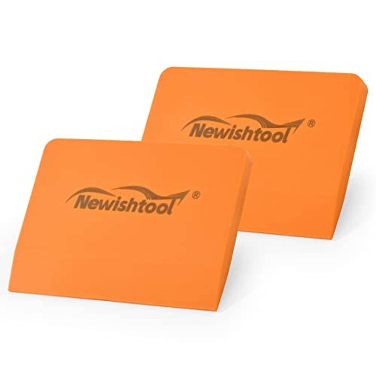 Two orange silicone squeegees with rounded rectangular edge and Newishtool logo centered.