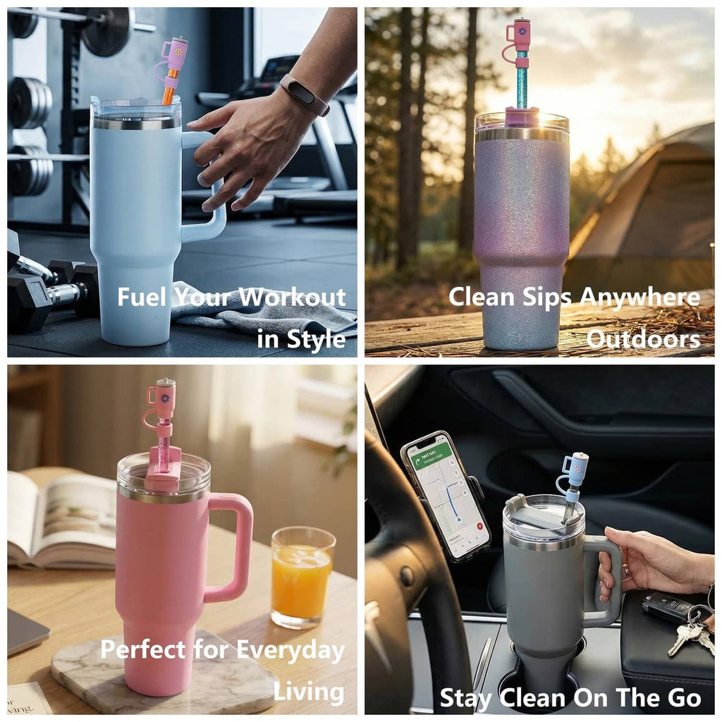 Glitter replacement straws with flower covers in multiple colors for on-the-go use