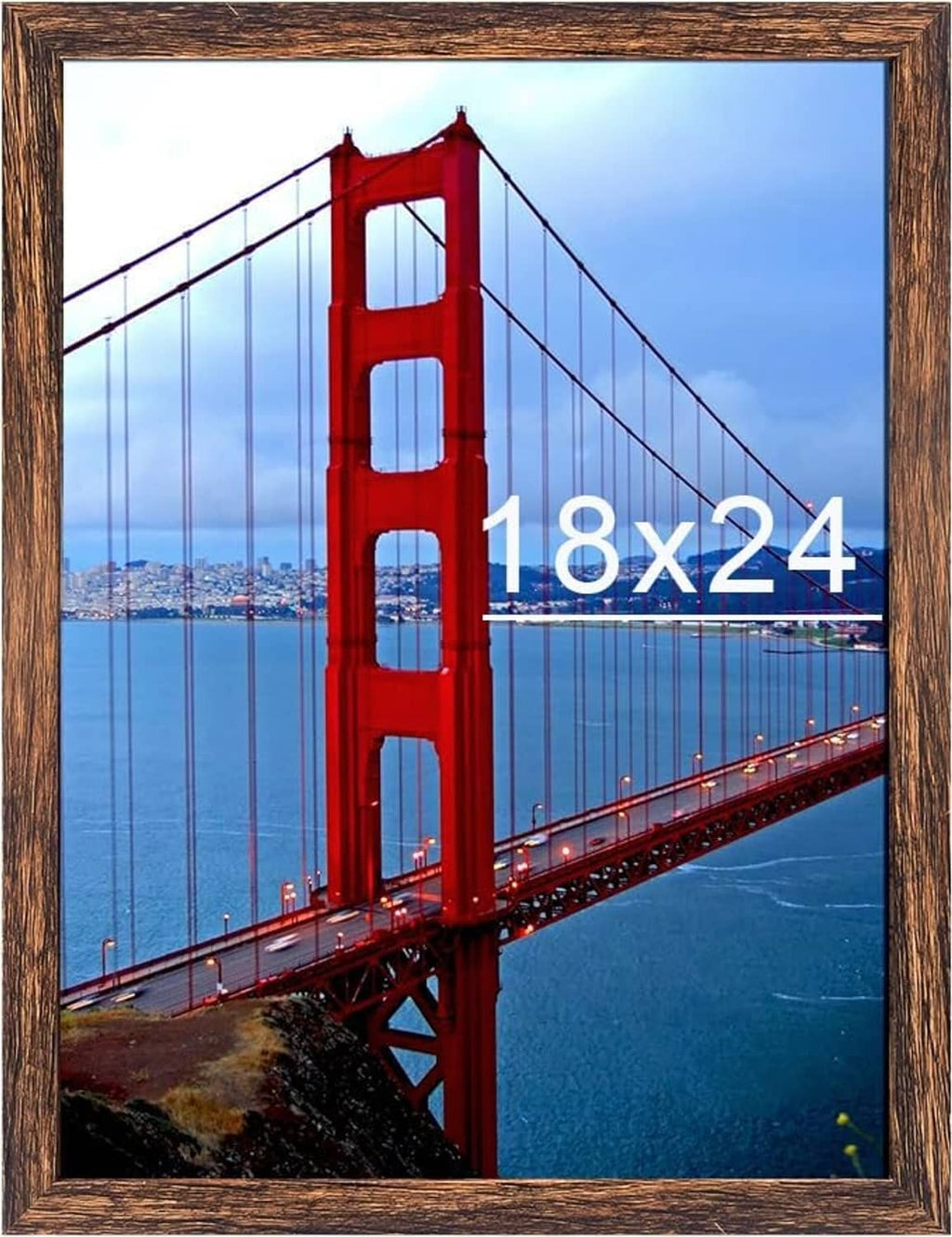 Brown 18x24 poster frame with clear glass, featuring a bridge photo