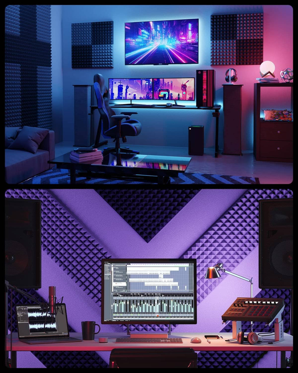 Black pyramid acoustic foam panels covering studio walls and ceiling