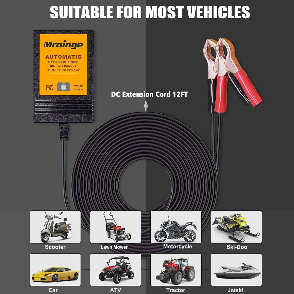 Automatic battery charger kit with alligator clamps and 12ft DC extension cord cable.