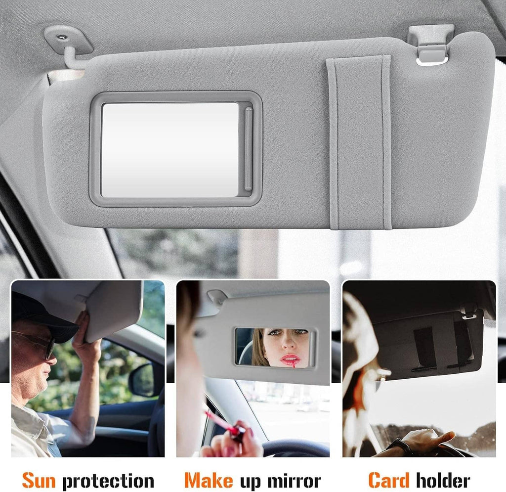 Gray car sun visor pair with vanity mirror windows and mounting clips