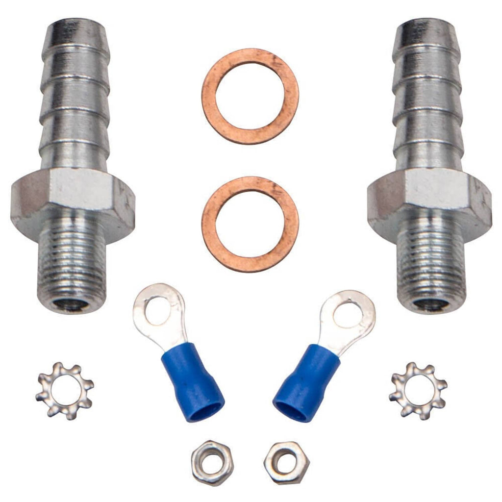 Metal hose barb fittings with copper sealing rings and electrical install hardware
