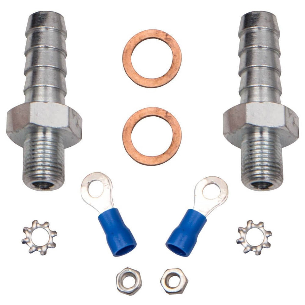 Metal hose barb fittings with copper sealing rings and electrical install hardware