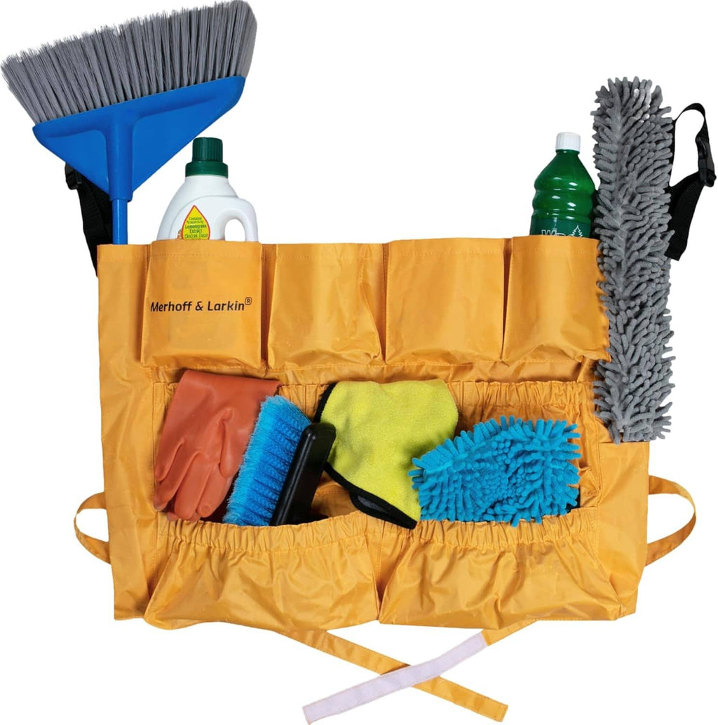 Yellow trash can caddy bag with hanging straps and multiple brush and mop attachments