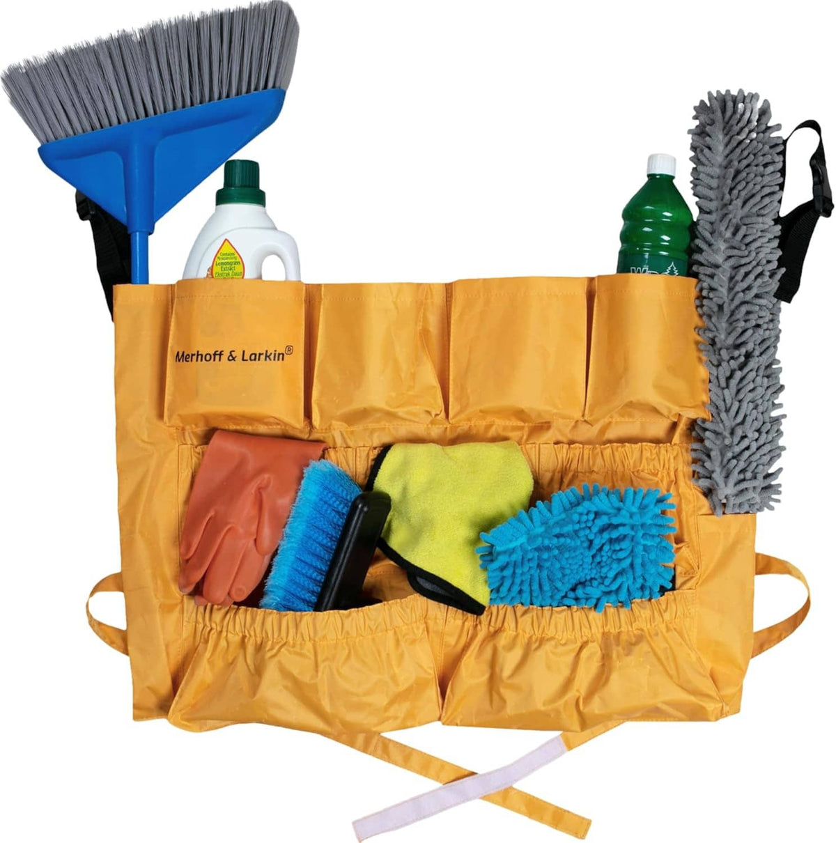 Yellow trash can caddy bag with hanging straps and multiple brush and mop attachments