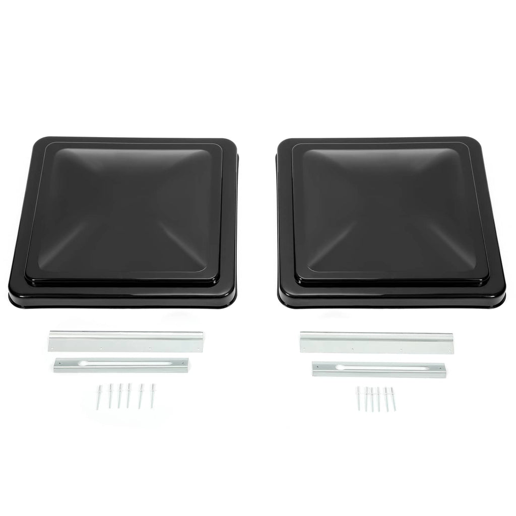 Black square RV roof vent covers with mounting hardware and screws