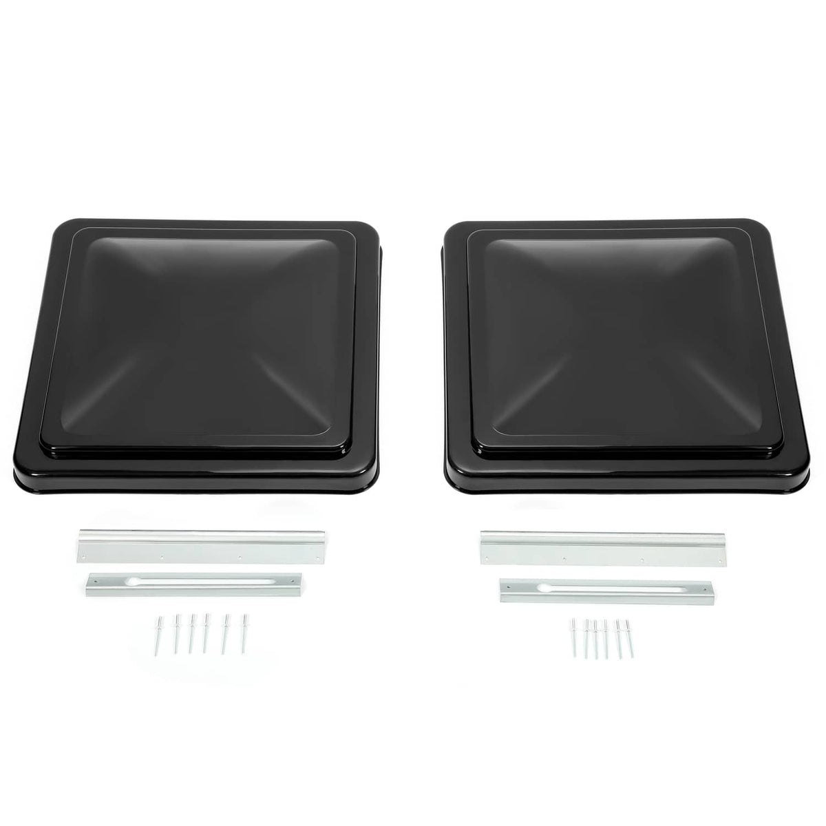 Black square RV roof vent covers with mounting hardware and screws