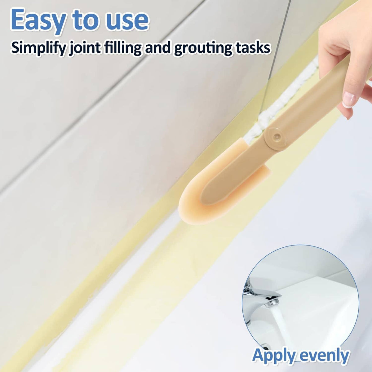 Tan rubber caulking finishing tool applying sealant evenly along a corner