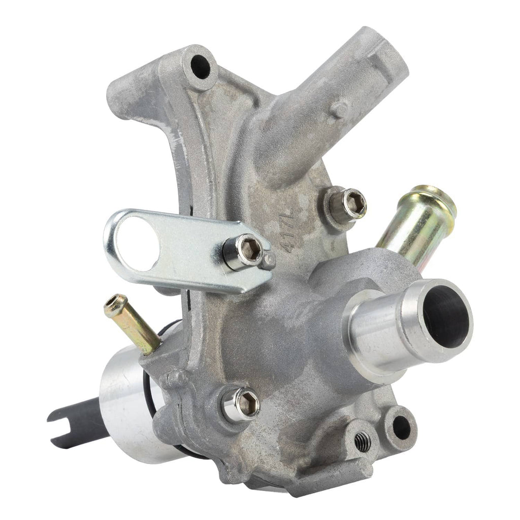 Water pump assembly with aluminum housing, inlet/outlet ports, and mounting bracket