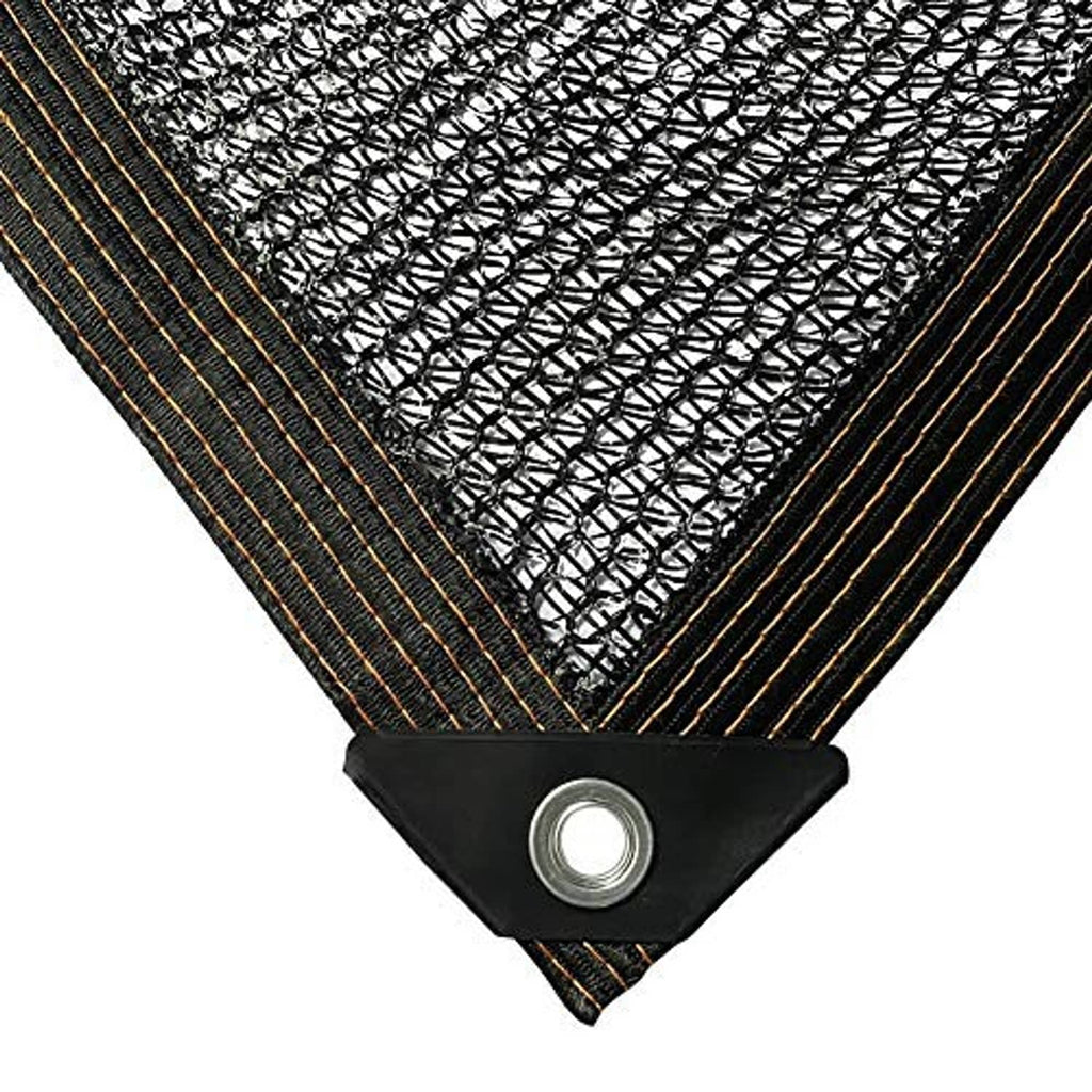 Black shade cloth corner with woven mesh, striped trim, and metal grommet