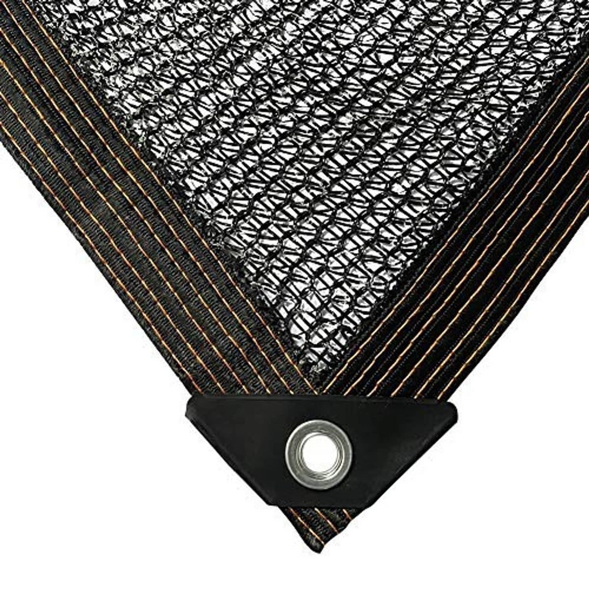 Black shade cloth corner with woven mesh, striped trim, and metal grommet
