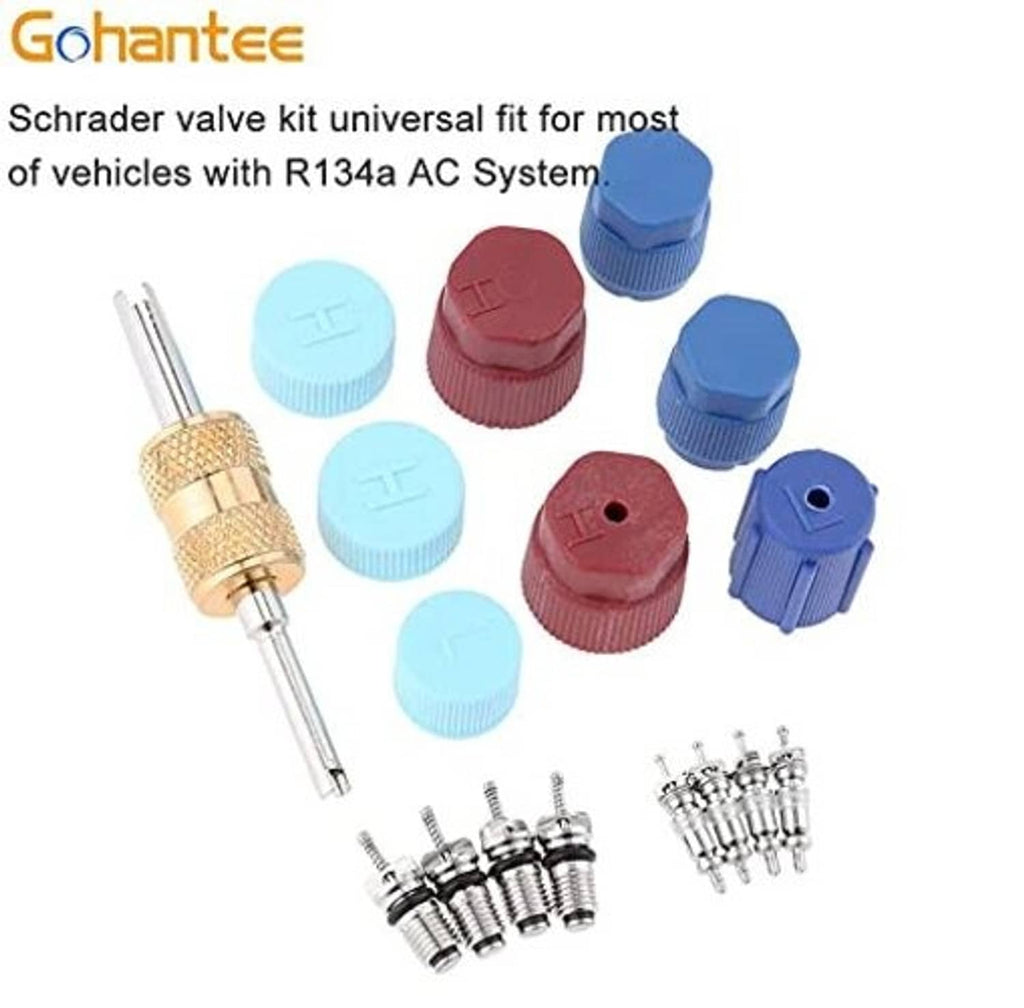 Schrader valve core kit with colored caps, metal valve cores, and brass removal tool