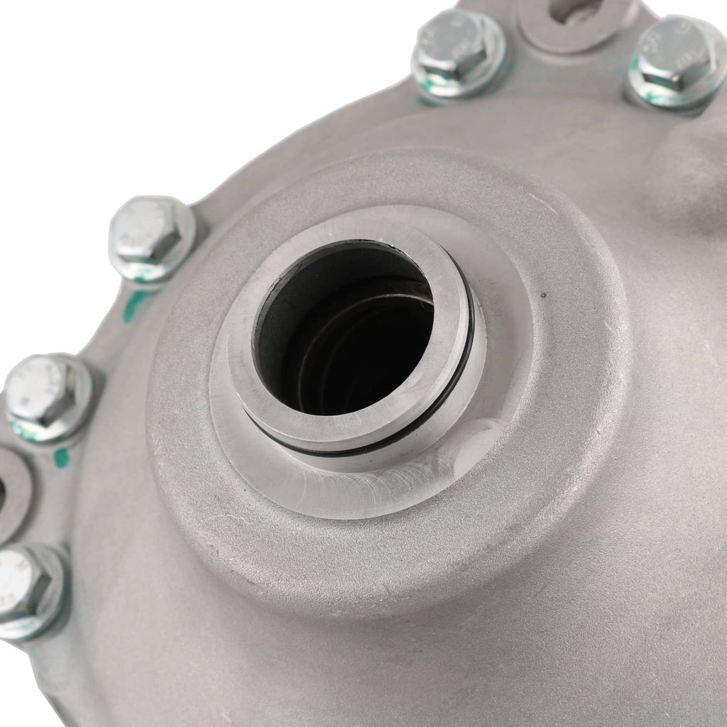 Close-up of front differential carrier assembly bearing race opening, silver housing