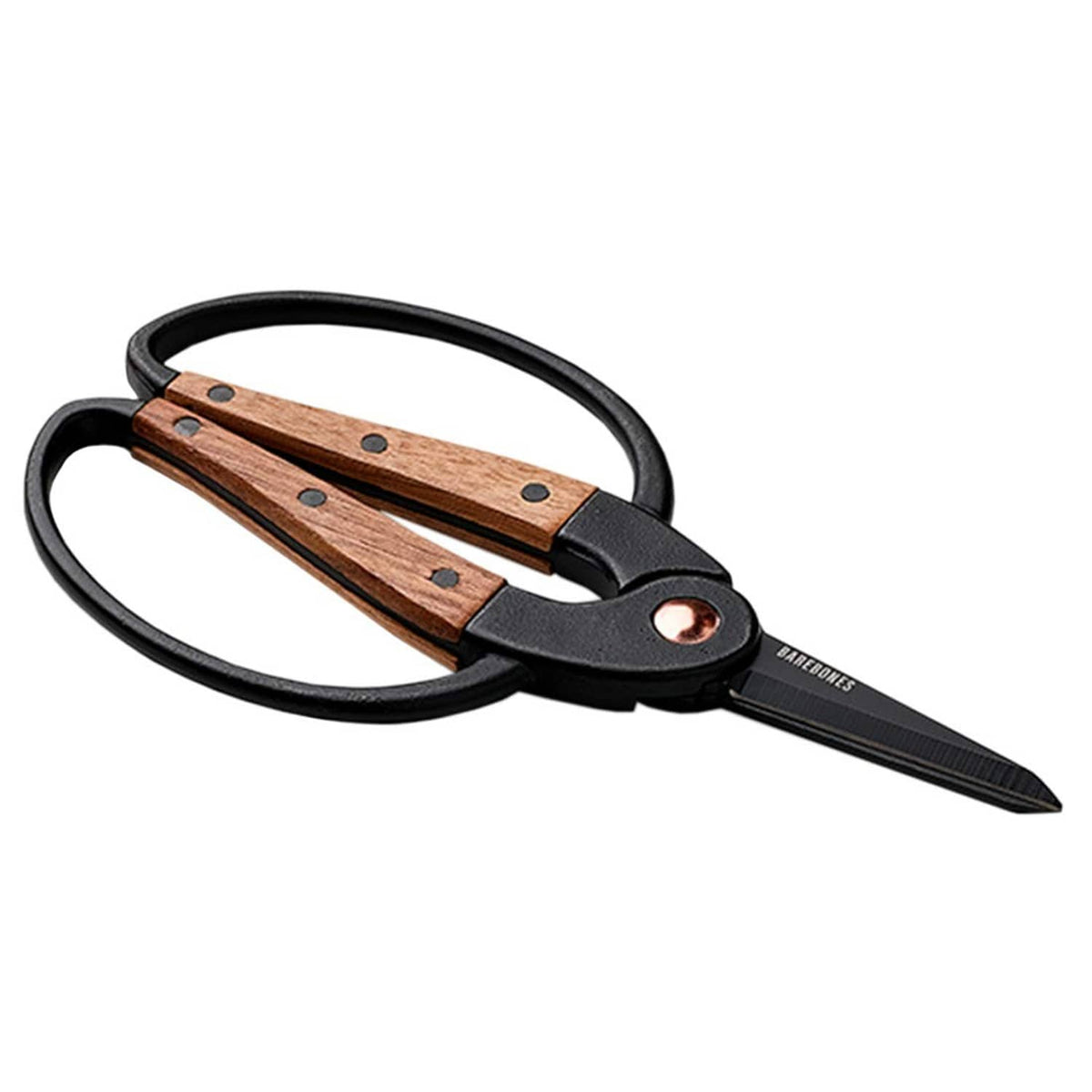 Garden shears with black metal and wooden handles, curved finger rings and pointed blades.