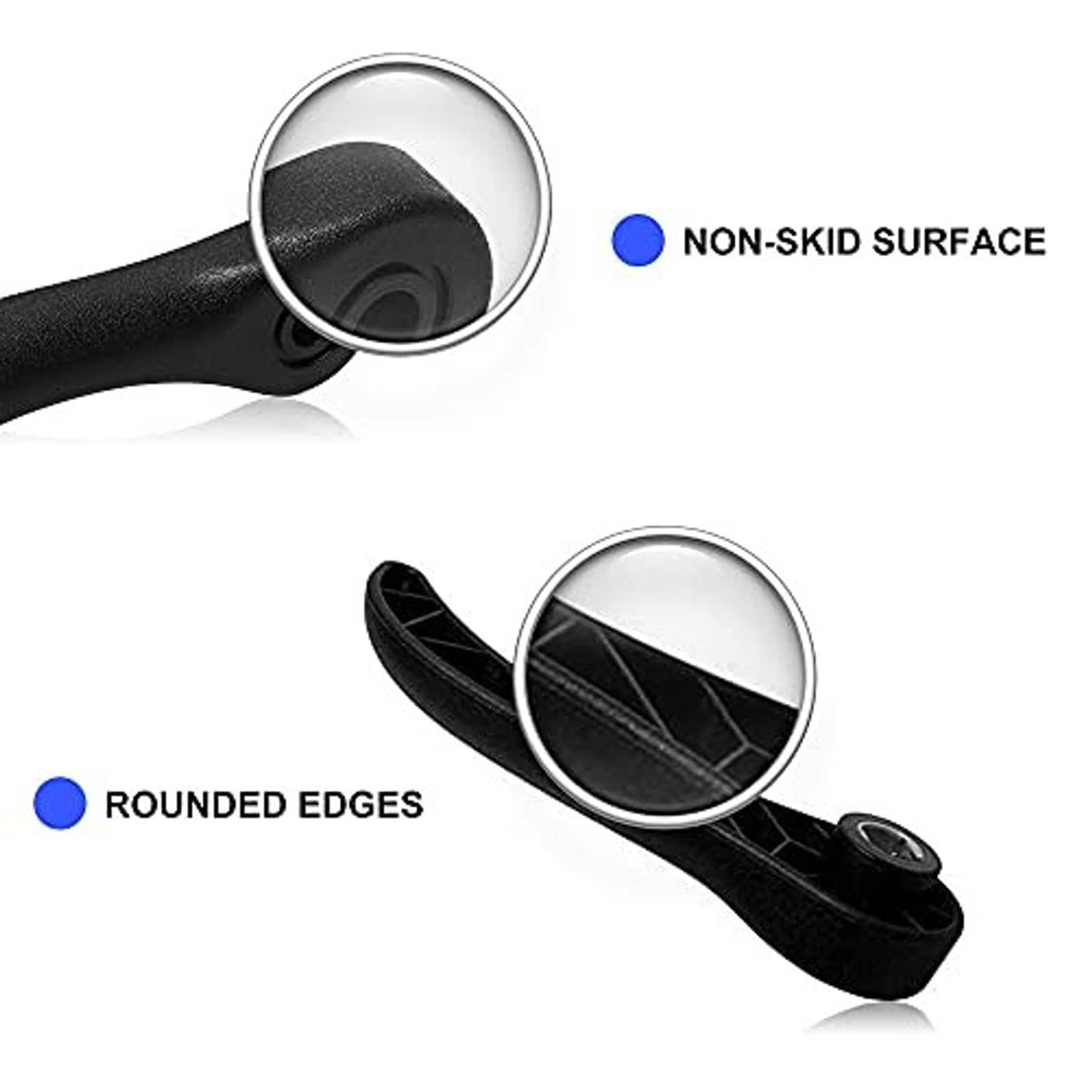Black recliner release handle with non-slip textured grip and rounded edges