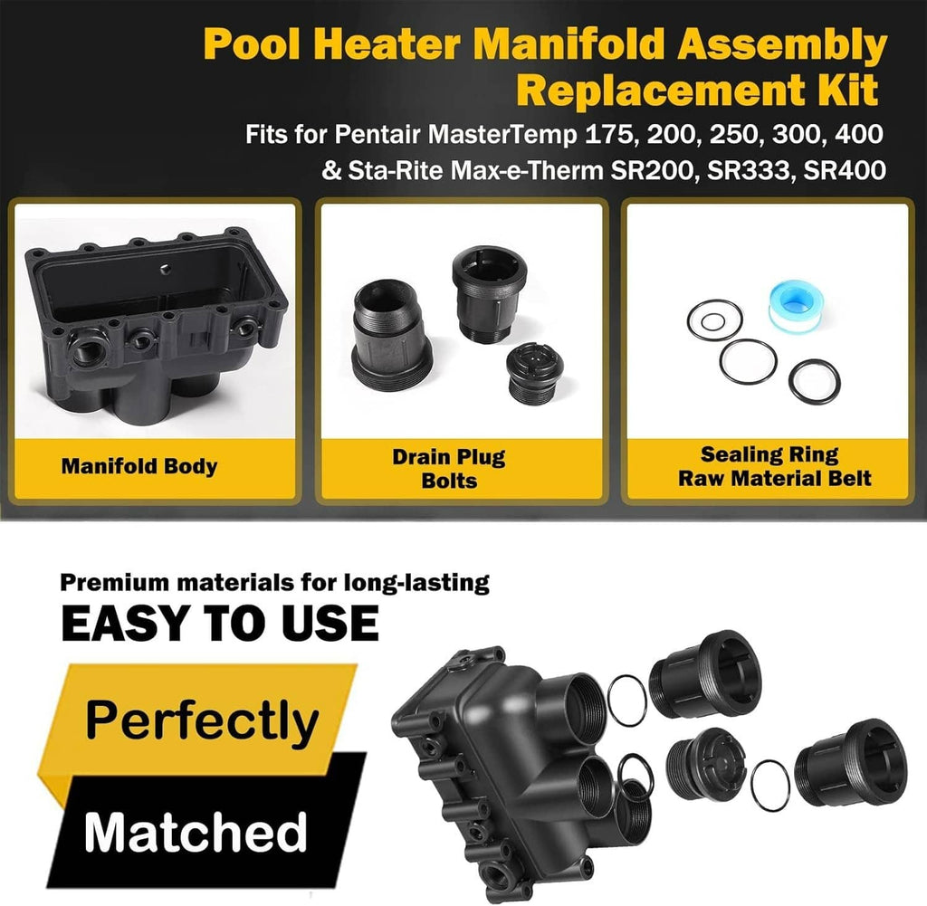 Pool heater manifold assembly replacement kit with manifold body, bolts, sealing rings