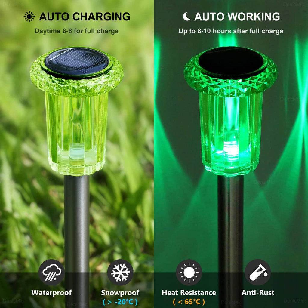 Green solar stake light head showing auto charging and glowing modes on pole