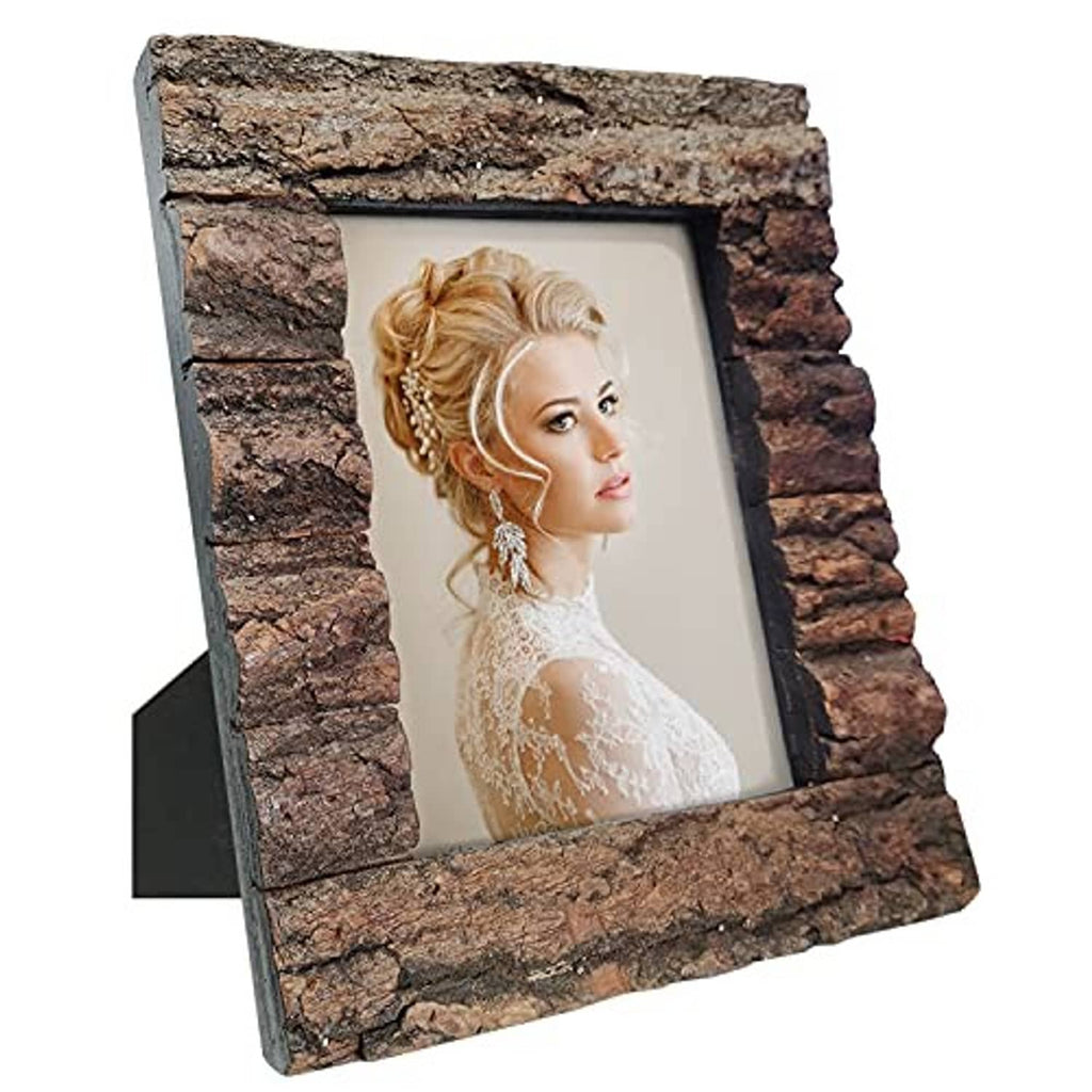 Angled rustic bark wood picture frame with glass and portrait photo insert
