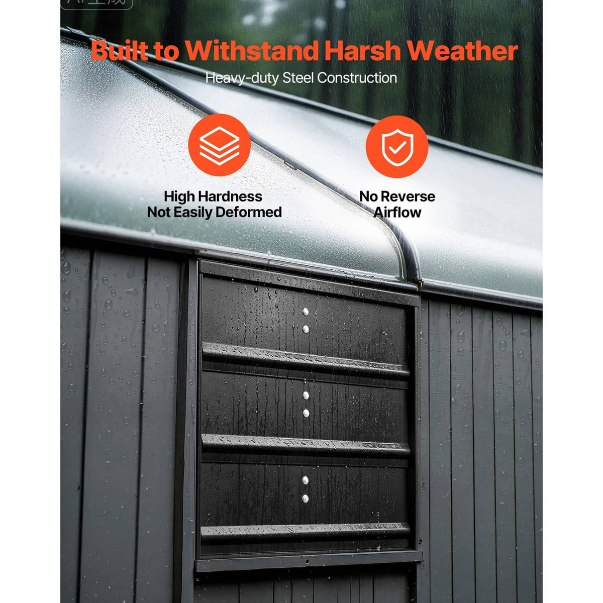 Wall-mount shutter exhaust fan with weather-resistant steel construction graphic