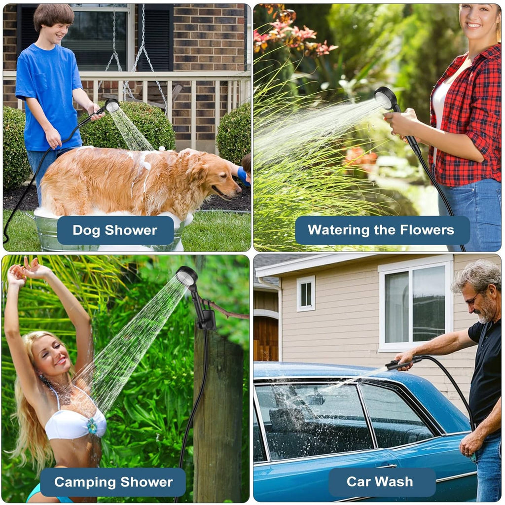 Portable shower sprayer with flexible hose for rinsing pets and watering