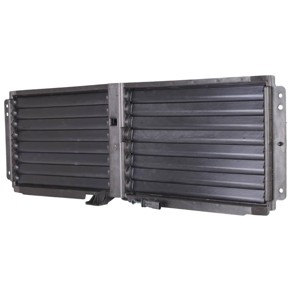 Front upper active grille shutter with motor, black louvered insert and metal frame
