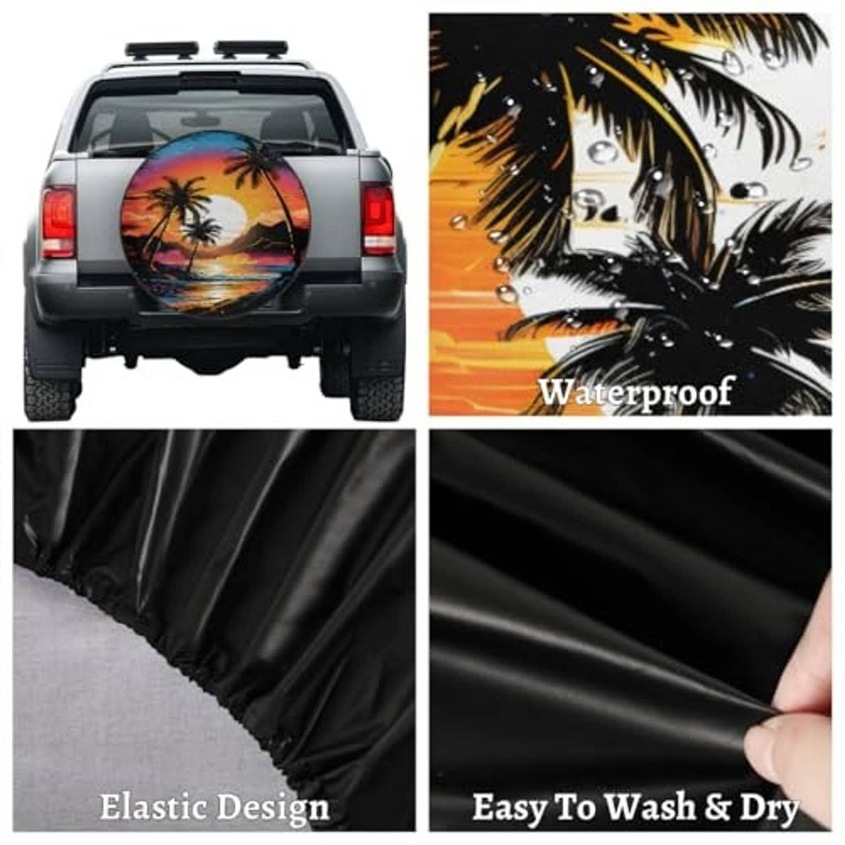 Spare tire cover with tropical sunset palm print and black fabric for outdoor use