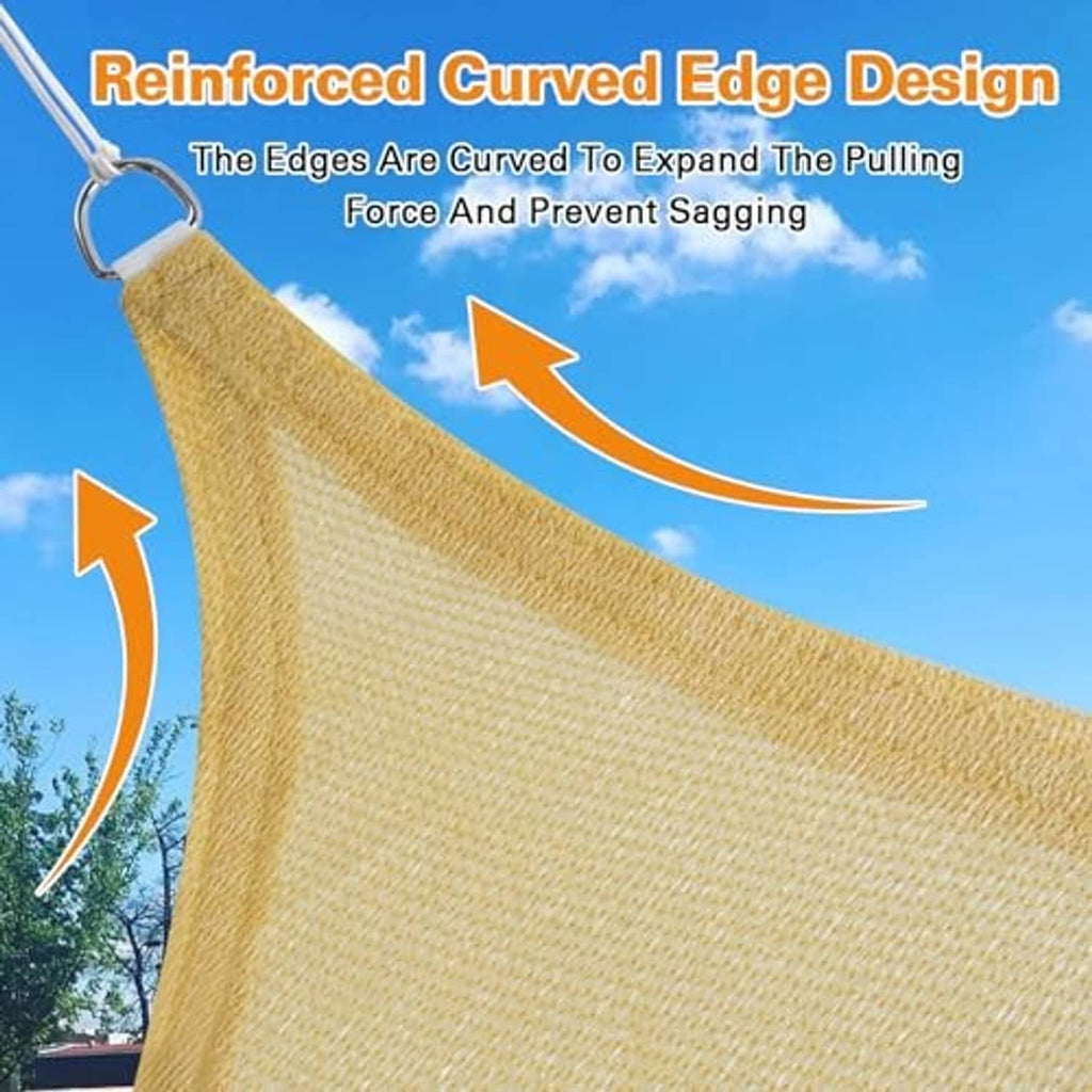 Sand beige sun shade sail fabric with reinforced curved edge to help prevent sagging.