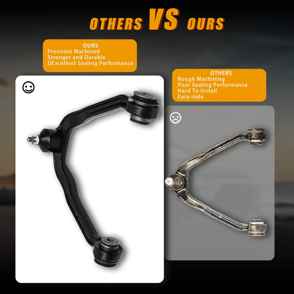 Black control arm with ball joint and bushing, shown beside a steel arm