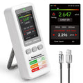 White portable radon detector with LCD display and two USB cables