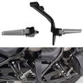 Black rear passenger footpeg set with textured silver steps and mounting brackets