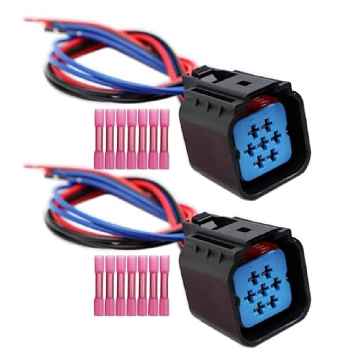 Headlight connector pigtail plugs set: two black connectors with blue/red wiring and pink terminal pins